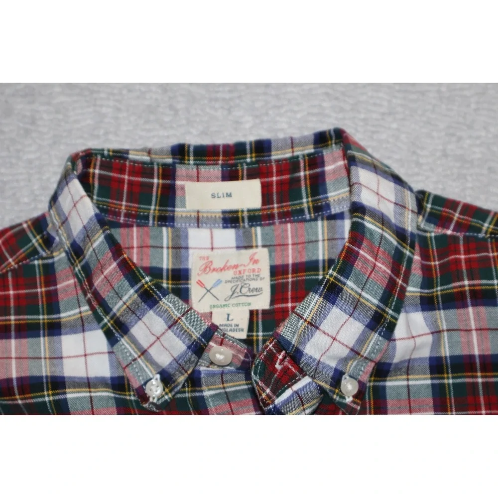 J.Crew Button Down Shirt Mens Large Red Green Plaid Broken-In Oxford Slim Fit
